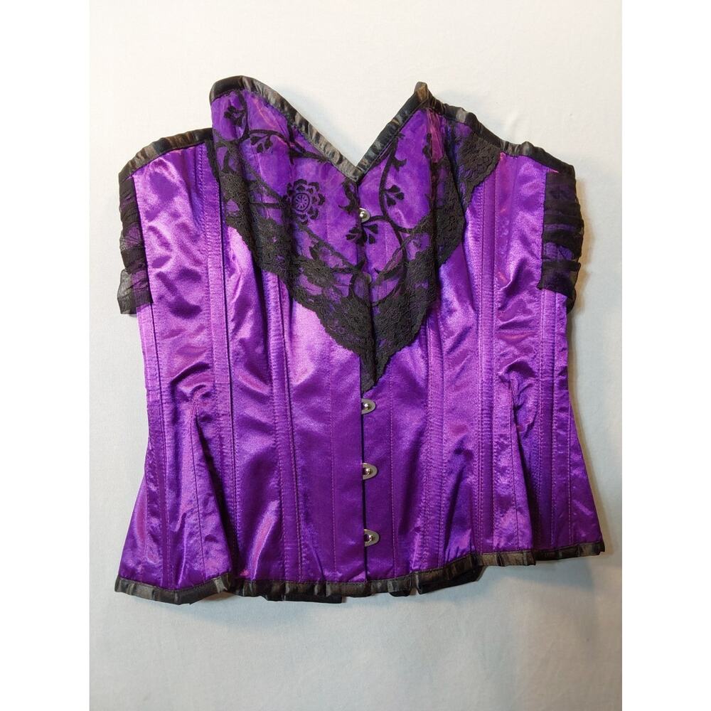 Vintage Goth Size 26 Purple/Black Satin & Lace Overbust Corset Boned #G81